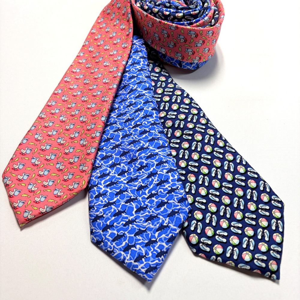 Vineyard Vines Mens Silk Tie Lot 3 Pelican Shark Beach Ball Flip Flop